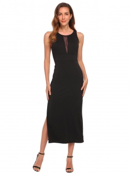 

Black Women's Sleeveless Mesh Patchwork Split Bodycon Evening Party Midi Dress, Multicolor