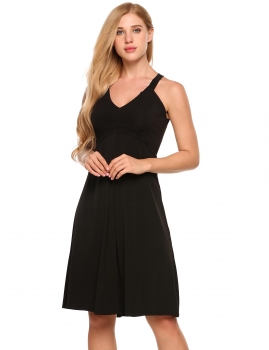 

Black V-Neck Sleeveless Solid Empire Waist Dress, Multicolor