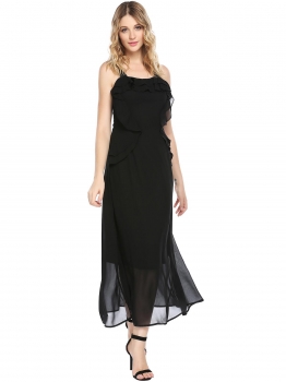 

Black Sleeveless Ruffles Slim Fit Evening Chiffon Evening Dress, Multicolor
