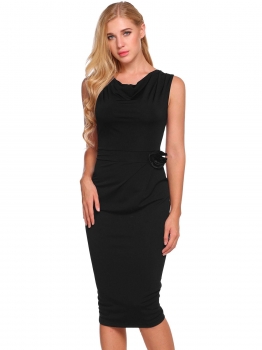 

Black Cowl Neck Solid Bodycon Dress with Brooch, Multicolor