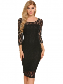 

Black Elegant 3"4 Sleeve Floral Lace Bodycon Party Midi Dress, Multicolor