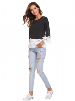 

Black Women O Neck 3"4 Flare Sleeve Lace Patchwork Contrast Color T-Shirt Blouse Tops, Multicolor