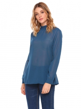 

Blue Solid Mock Collar Long Sleeve Chiffon Tops, Multicolor