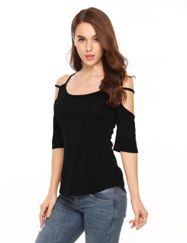 

Black Spaghetti Strap Cold Shoulder Half Sleeve Solid Tops, Multicolor