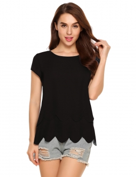 

Black Solid Scallop Trim Short Sleeve O-Neck Tops, Multicolor