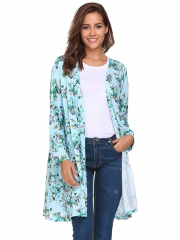 

Light blue Long Sleeve Floral Print Asymmetrical Jackets, Multicolor