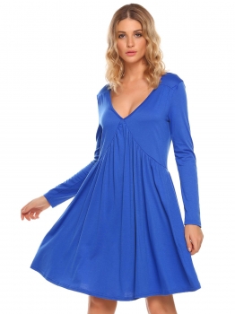 

Blue Long Sleeve Solid V Neck Party Loose Ruched Dress, Multicolor