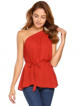 

Ponceau One Shoulder Sleeveless Solid Sexy Chiffon Vest with Belt, Multicolor