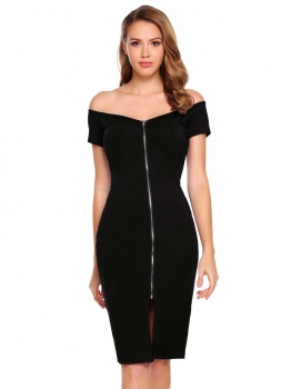

Black Off Shoulder Short Sleeve Solid Slim Dress, Multicolor