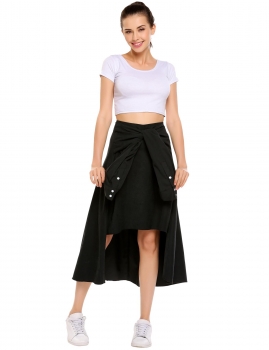 

Black High Waist Asymmetric Large Swing Midi Skirt with Belt, Multicolor