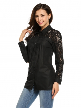 

Black Long Sleeve Turn Down Collar Button Down Lace Patchwork Shirts, Multicolor