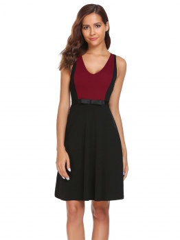 

Black Sleeveless Patchwork V-neck Slim Dress, Multicolor