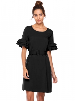 

Black O-Neck Ruffled Sleeve Dress with Belt, Multicolor
