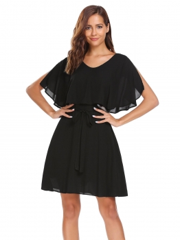 

Black Sleeveless Solid Ruffles Belted Chiffon Dress, Multicolor