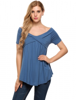 

Blue Short Sleeve Off the Shoulder Cross Front Solid Tops, Multicolor