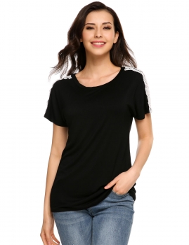 

Black O-Neck Lace Patchwork Casual T-Shirt Tops, Multicolor