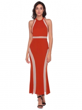 

Brown red Halter Sleeveless Patchwork Backless Maxi Sexy Evening Dress, Multicolor