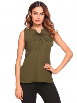 

Army green Sleeveless Drawstring Split Irregular Hem Pocket Chiffon Blouse, Multicolor