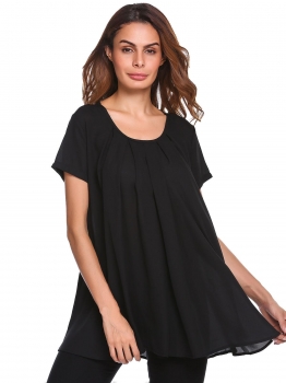 

Black Short Sleeve Solid Pleated Front Chiffon Loose Fit Tops, Multicolor