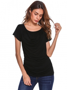 

Black Solid Cowl Neck Short Sleeve Draped Slim Fit Tops, Multicolor
