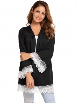 

Black Long Flare Sleeve Lace Patchwork Basic Slim Cardigan, Multicolor