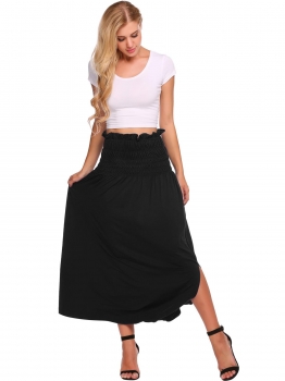 

Black Solid Elastic High Waist Ruched Maxi Skirt, Multicolor