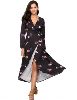 

Black Long Sleeve V Neck Floral Split Hem Long Dress, Multicolor