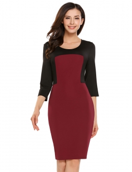 

Black red 3"4 Sleeve Contrast Color Patchwork Bodycon Dress, Multicolor