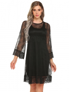 

Black Women O-Neck Flare Sleeve Lace Outlayer Fit and Flare Cocktail Party Dress with Full Slips, Multicolor