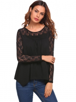 

Black Back Lace Up Long Sleeve O Neck Patchwork Loose Tops, Multicolor
