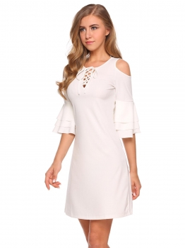 

White Cold Shoulder Lace Up Front Ruffle Sleeve Dress, Multicolor