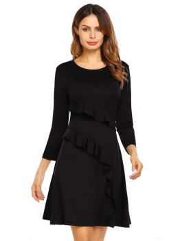 

Black O-Neck 3"4 Sleeve Solid Ruffle A-Line Dress, Multicolor