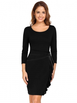 

Black Ruffles O-Neck 3"4 Sleeve Patchwork Slim Pencil Dress, Multicolor