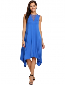 

Blue Sleeveless Lace Patchwork Asymmetrical Dress, Multicolor