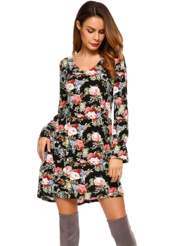 

Black blue Long Sleeve Floral Loose Shift Casual Dress, Multicolor