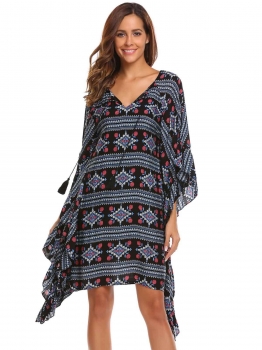 

Blue Women Fashion Lace-Up V-Neck Batwing Printed Ruffle Loose Dress, Multicolor