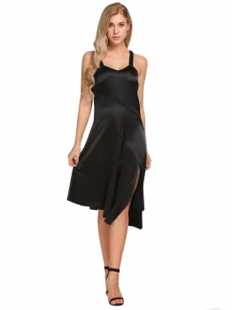 

Black Strap Asymmetrical Hem Split Front Patchwork Casual Dress, Multicolor
