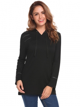 

Black Hooded Long Sleeve Solid Straight Contrast Color Drawstring Hoodie, Multicolor
