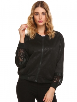 

Black Women Lace Patchwork Long Sleeve Floral Solid Bomber Jacket, Multicolor