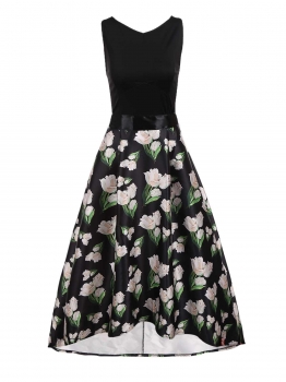 

Black Sleeveless High-low Hem Floral Dress with Belt, Multicolor
