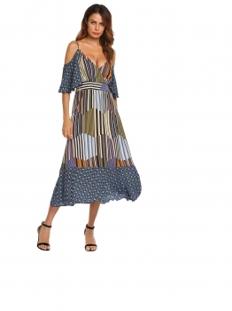 

Mix color Spaghetti Strap Bell Sleeve Floral Patchwork Dress, Multicolor