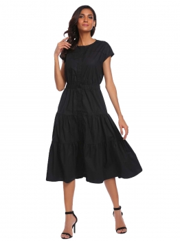 

Black O-Neck Sleeveless Solid Button Dress with Belt, Multicolor