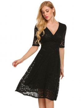 

Black Women Elegant V-Neck Half Sleeve Floral Lace Fit and Flare Party Midi Dress, Multicolor