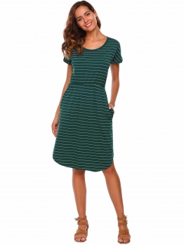 

Dark green Striped Curved Hem Casual Dress with Pockets, Multicolor