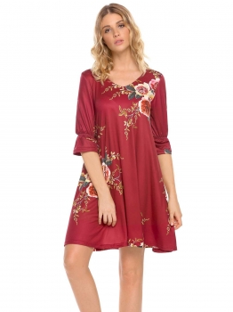 

Dark red 3"4 Sleeve V Neck Floral Cut Out Back Dress, Multicolor