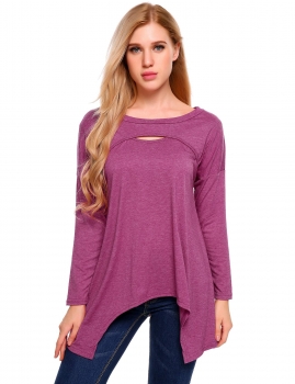 

Purple Long Sleeve Split O Neck Loose Jagged Hemline T-Shirt, Multicolor