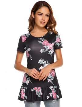 

Black Short Sleeve O Neck Floral Print Slim Ruffles T-Shirt, Multicolor