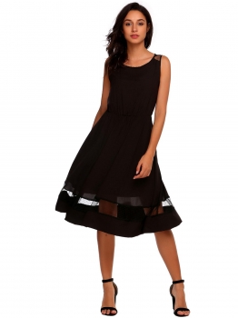 

Black Women Fashion O-Neck Sleeveless Dot Mesh Patchwork A-Line Dress, Multicolor