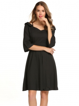 

Black 3"4 Sleeve Solid Cold Shoulder V Neck Swing Dress, Multicolor