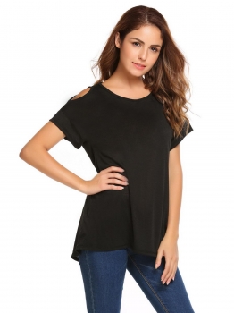 

Black Solid Cold Shoulder Split Hem O-Neck Short Sleeve Tops, Multicolor